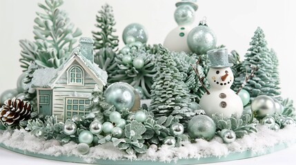 Happy New Year and Merry Christmas. 3d Green snow-covered Christmas trees, a snowman and a fairy-tale house. Beautiful winter composition. Creative stylish background.