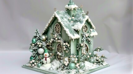 Happy New Year and Merry Christmas. 3d Green snow-covered Christmas trees, a snowman and a fairy-tale house. Beautiful winter composition. Creative stylish background.