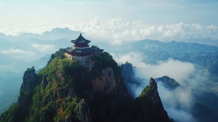 Fanjing mountain scenery with view of the red cloud golden summit with Buddhist temple on the top in Guizhou China (aerial photography) .