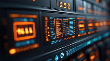 Futuristic digital interface with glowing panels and screens.