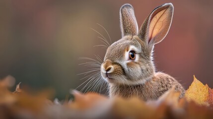 Fototapeta premium Close-up of a curious rabbit among autumn leaves, showcasing its soft fur and expressive eyes.