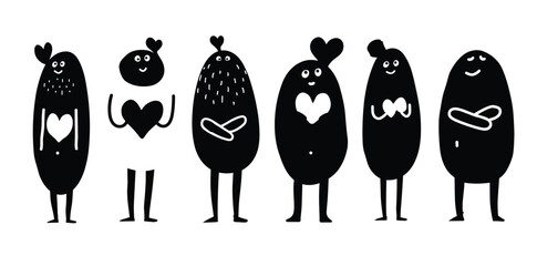 Fototapeta premium Abstract black and white figures with heart motifs display playful and whimsical designs.