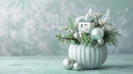 Happy New Year and Merry Christmas. 3d Green snow-covered Christmas trees, a snowman and a fairy-tale house. Beautiful winter composition. Creative stylish background.