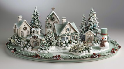 Happy New Year and Merry Christmas. 3d Green snow-covered Christmas trees, a snowman and a fairy-tale house. Beautiful winter composition. Creative stylish background.