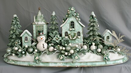 Happy New Year and Merry Christmas. 3d Green snow-covered Christmas trees, a snowman and a fairy-tale house. Beautiful winter composition. Creative stylish background.