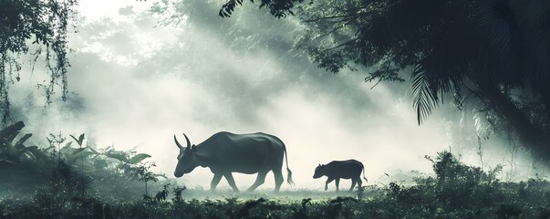 A serene moment in the forest showcasing a mother animal with her calf, surrounded by mist and rich greenery.