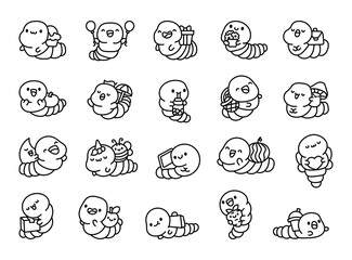 Fototapeta premium Cute kawaii worm with objects. Coloring Page. Funny cartoon character. Hand drawn style. Vector drawing. Collection of design elements.