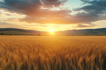 Obraz premium The golden sun sets over the vast wheat field, casting long shadows and creating an atmosphere