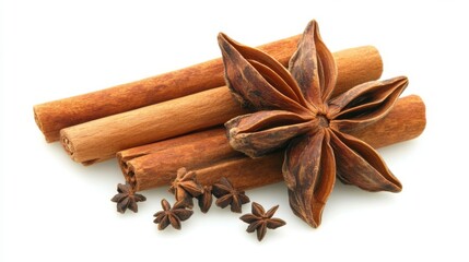 Close-up of Star Anise and Cinnamon Sticks on White Background
