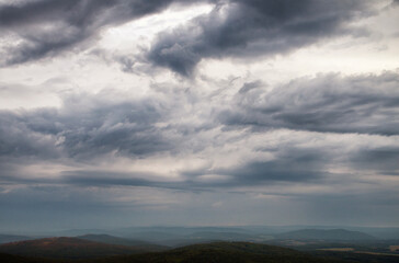 Southern Urals: stormy sky in the sunset light.