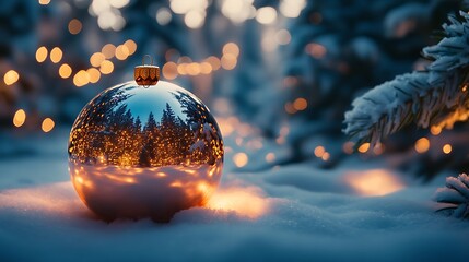 A close-up of a Christmas ornament reflecting glowing holiday lights and snowy trees.
