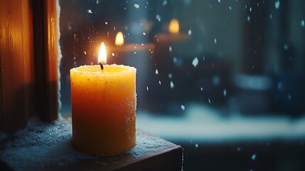 A close-up of a glowing Christmas candle on a windowsill with snow falling outside.