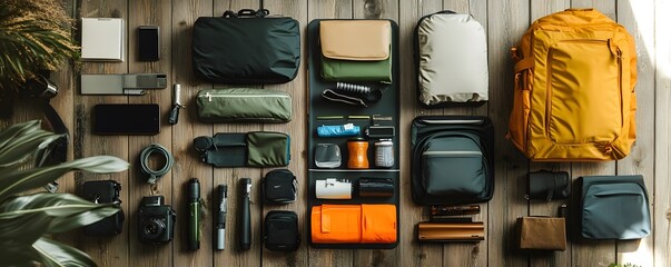 A visually organized display of travel gear and accessories, highlighting essential items for outdoor adventures.