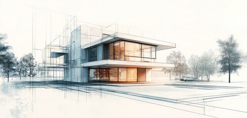 Obraz premium Modern residential building design showcased in a detailed architectural blueprint.