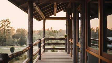Scenic wooden porch with a view of lush greenery at sunset, offering a peaceful retreat in nature.