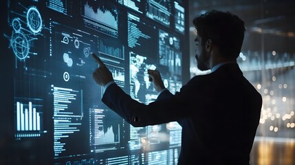  A businessman interacts with a large futuristic digital display featuring multiple data charts, graphs, and global maps. The interface showcases advanced analytics and interactive technology