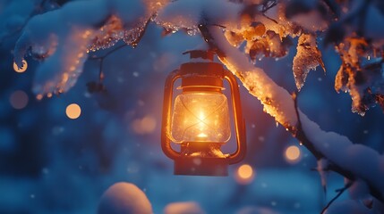 A glowing Christmas lantern hanging from a snow-covered tree branch in a winter wonderland.