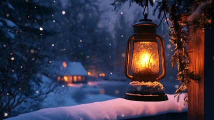 A glowing Christmas lantern hanging on a snowy front porch, overlooking a peaceful winter landscape.