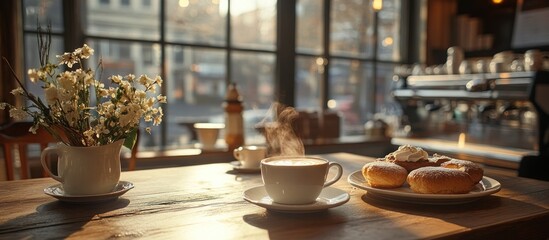 Fototapeta premium A cup of coffee with a pastry and a vase of flowers on a wooden table in a cafe, with a large window and a coffee machine in the background.