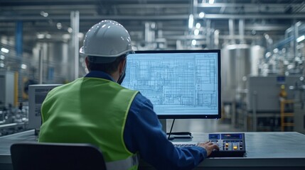Engineer reviewing a project: An engineer analyzes detailed technical blueprints on a screen in a modern industrial setting
