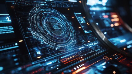 Obraz premium Cybernetic network interface showing dynamic data flows in a detailed display.