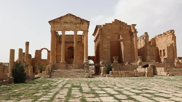 Roman Forum of Sufetula - Capitoline Temples of Sufetula. Tunisia. High quality 4k footage