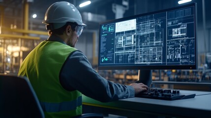 Engineer reviewing a project: An engineer evaluates advanced technical diagrams on a digital display in an advanced industrial workspace