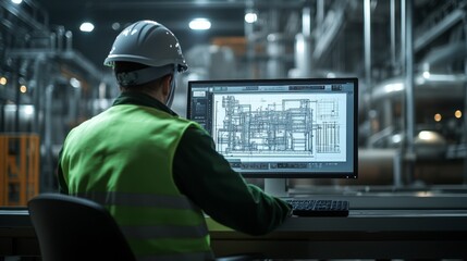 Engineer reviewing a project: An engineer evaluates advanced technical diagrams on a digital display in an advanced industrial workspace
