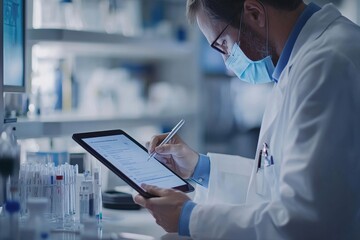 Doctor with digital tablet writing notes at his desk, Generative AI