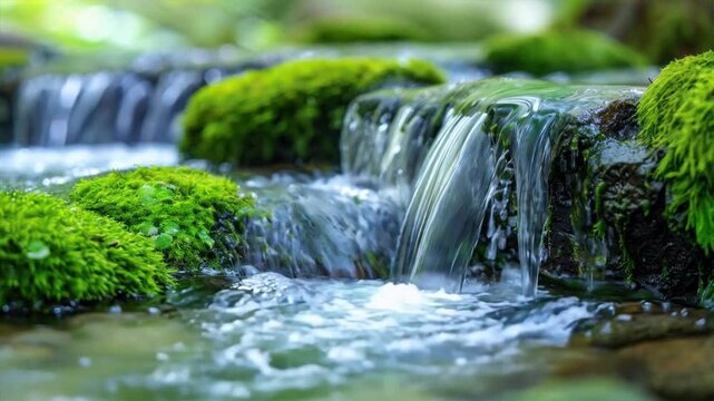 Tranquil Flow of Water Serene Stream and Waterfall Over Moss Covered Rocks in Lush Greenery Landscape of Natures Peace