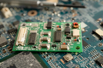 Obraz premium Repairing and upgrade circuit mainboard of notebook, electronic, computer hardware and technology.