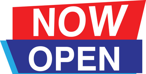 Now open invitation announcement red  blue yellow banner stamp sticker tag badge sign retail shopping
