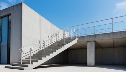 Fototapeta premium Modern concrete stairs with stainless steel railings leading up to a building with a blue sky. 