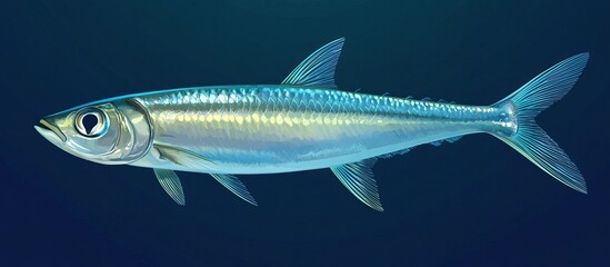 Fototapeta premium Sardine fish swimming underwater in sea or ocean, marine life and aquatic ecosystems, tropical wildlife food with a deep blue nautical background