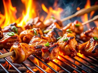 Grilled Chicken Wings and Legs on Skewers - Barbecue Party with Smoke, Outdoor Recreation, Traditional Cooking, Closeup of Delicious Meat on Grill for Food Lovers