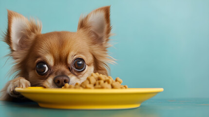 A cute brown dog perched on the edge of the table. There was a yellow plate filled with dry food. light blue background