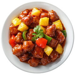 A plate of sweet and sour pork with bell peppers and pineapple. isolated on transparency background