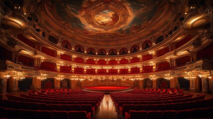 Obraz premium A grand theater interior with ornate decorations and red seating.