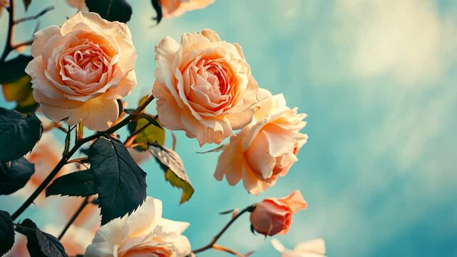 Pale pink roses bloom against a blue sky on a sunny day