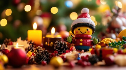 Festive Christmas Decoration with Snowman Toy Candles and Pine Cones