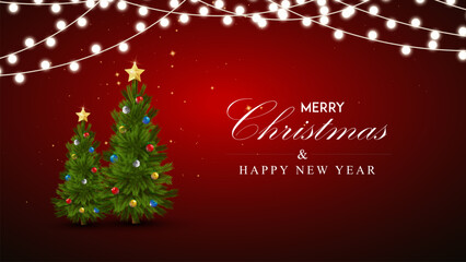 Christmas greetings vector background design. Christmas greeting text with pine tree, candy cane and gift boxes ornaments and decoration elements in red elegant background.
