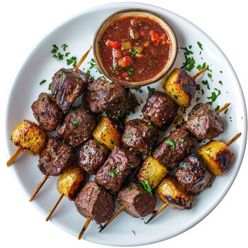 A color plate of Peruvian anticuchos skewers with beef heart and spicy sauce. isolated on transparency background