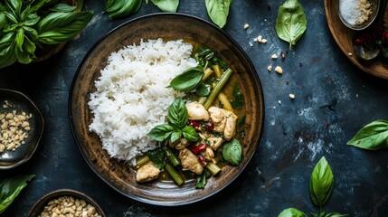 A plate of Thai green curry with chicken, rice, and basil leaves on a rustic blue background.