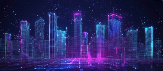 Obraz premium Smart city in wireframe style focusing on automated building intelligence.