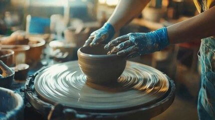 A meticulously organized pottery wheel studio, Clay spinning under skilled hands, Ceramic creation style