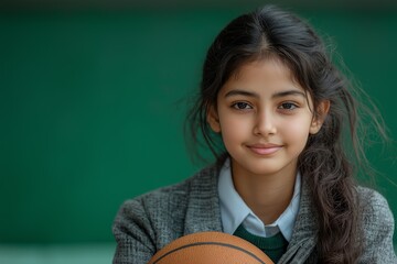 Confident Indian schoolgirl holding basketball, embracing sports and education in school uniform.