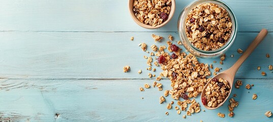 Granola with Dried Cranberries on Blue Wooden Background