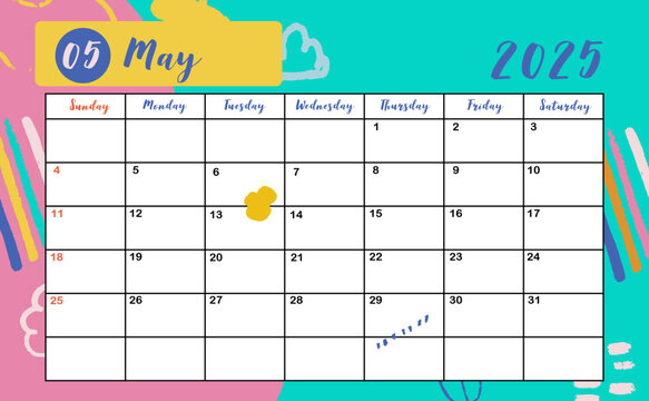 2025 table May monthly calendar week start on Sunday with colorful style for horizonral printable design