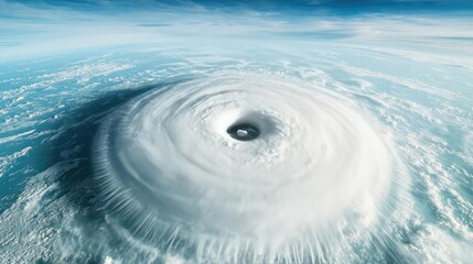 Aerial view of a powerful hurricane swirling in the ocean.