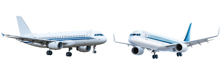 Obraz premium Set of a white airplane with blue stripes flying, isolated on a transparent background.